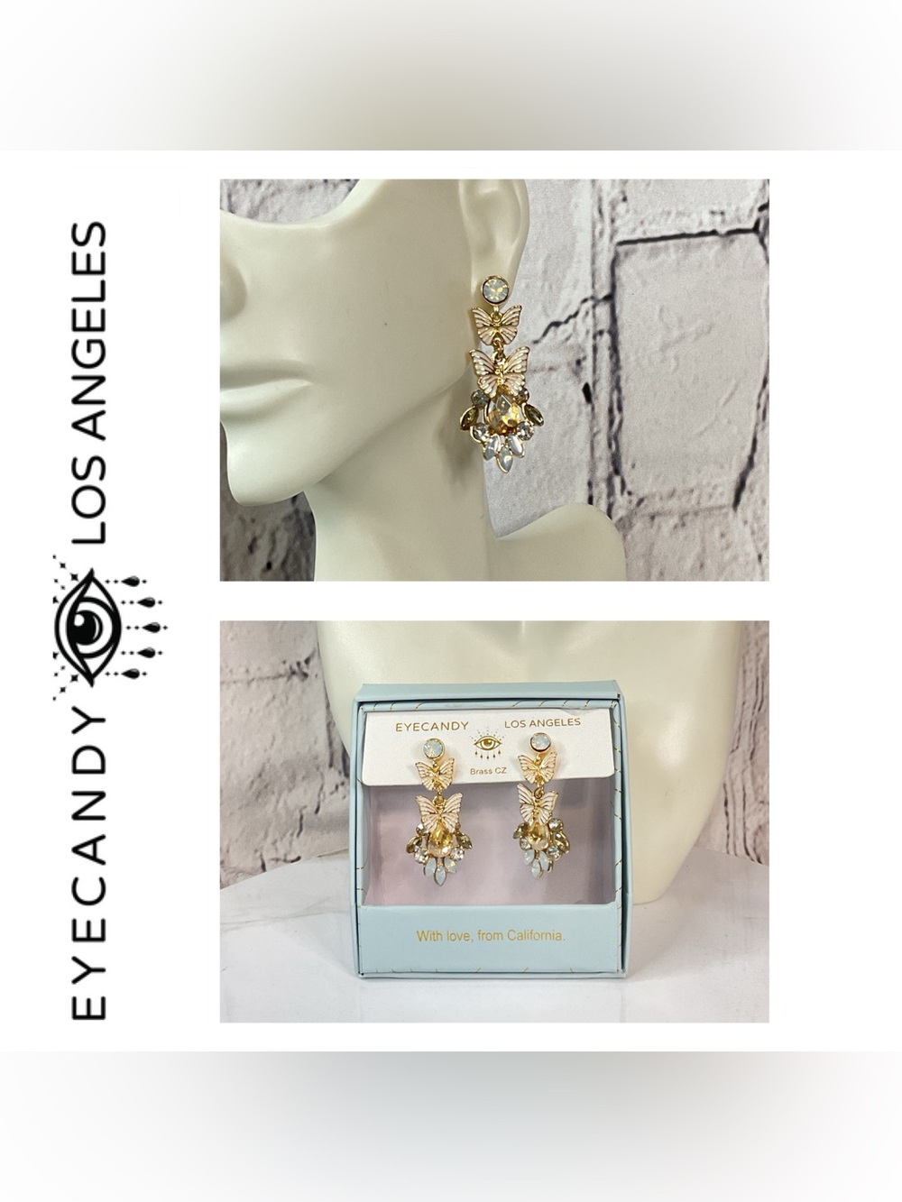 🌟🌟 Eye Candy Gold Butterfly Drop Earrings with Opal Accents